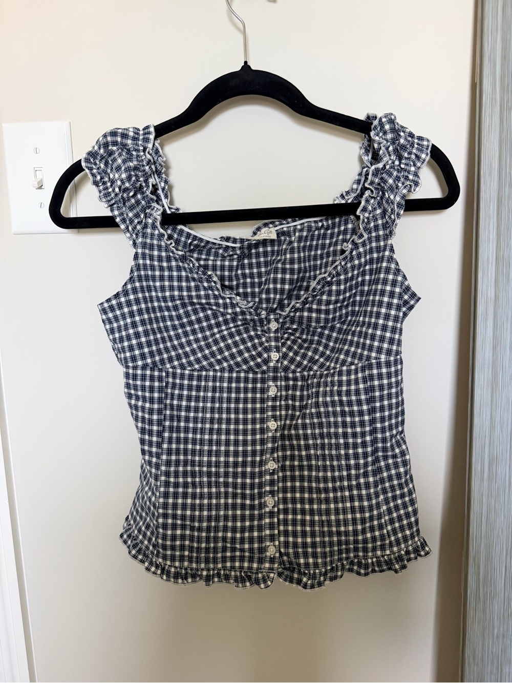 Brandy Melville Navy & White Gingham Ruffle Strap Tank